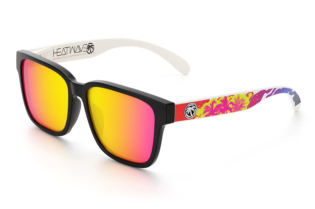 Heat Wave Visual Apollo Sunglasses with black frame, coloful palm tree print arms and tropic pink yellow lens.