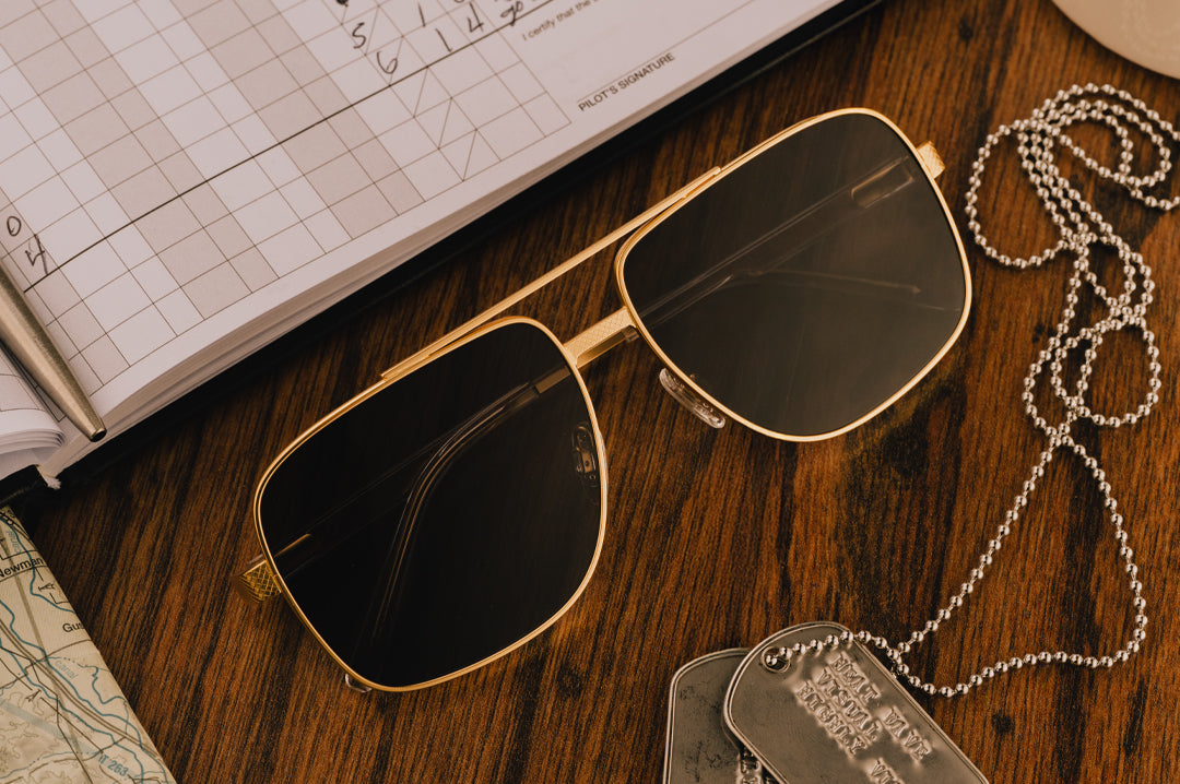 Nimitz Sunglasses: Gold Frame Black Lens | Heat Wave Visual