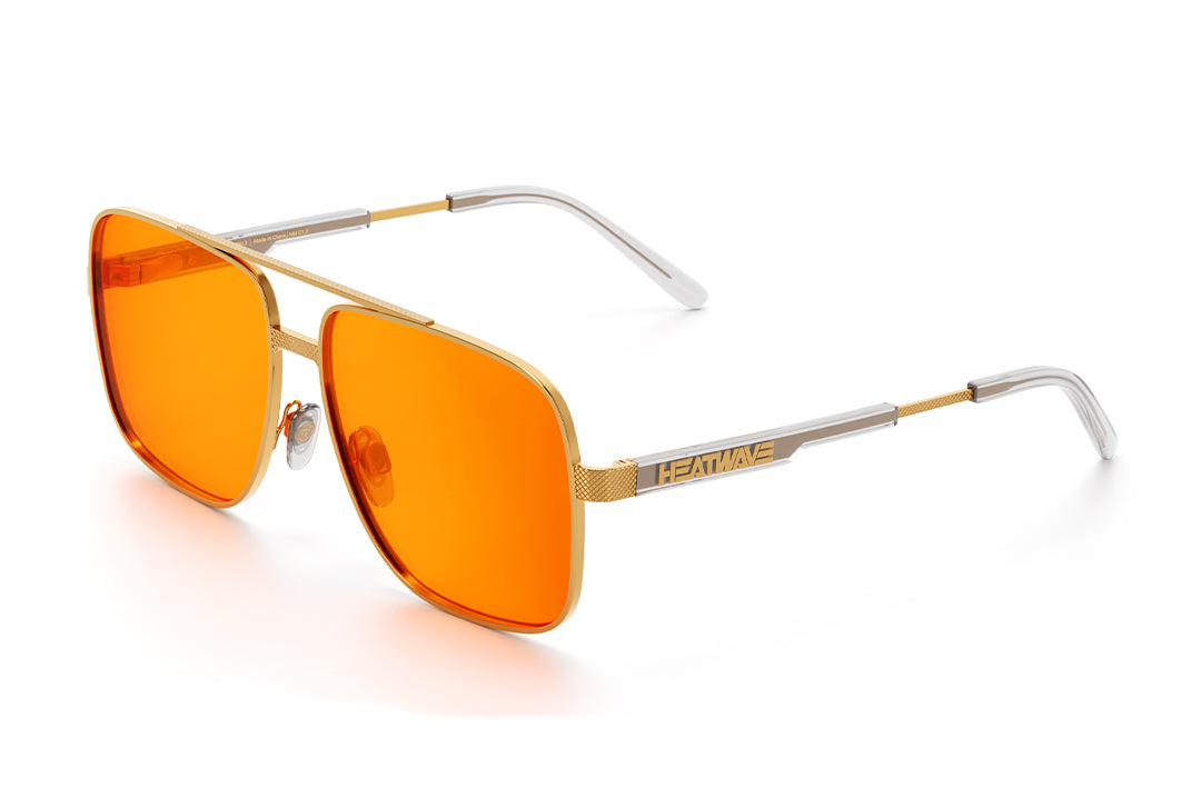 Heat Wave Visual Nimitz Sunglasses with polished gold frame and amber lenses.