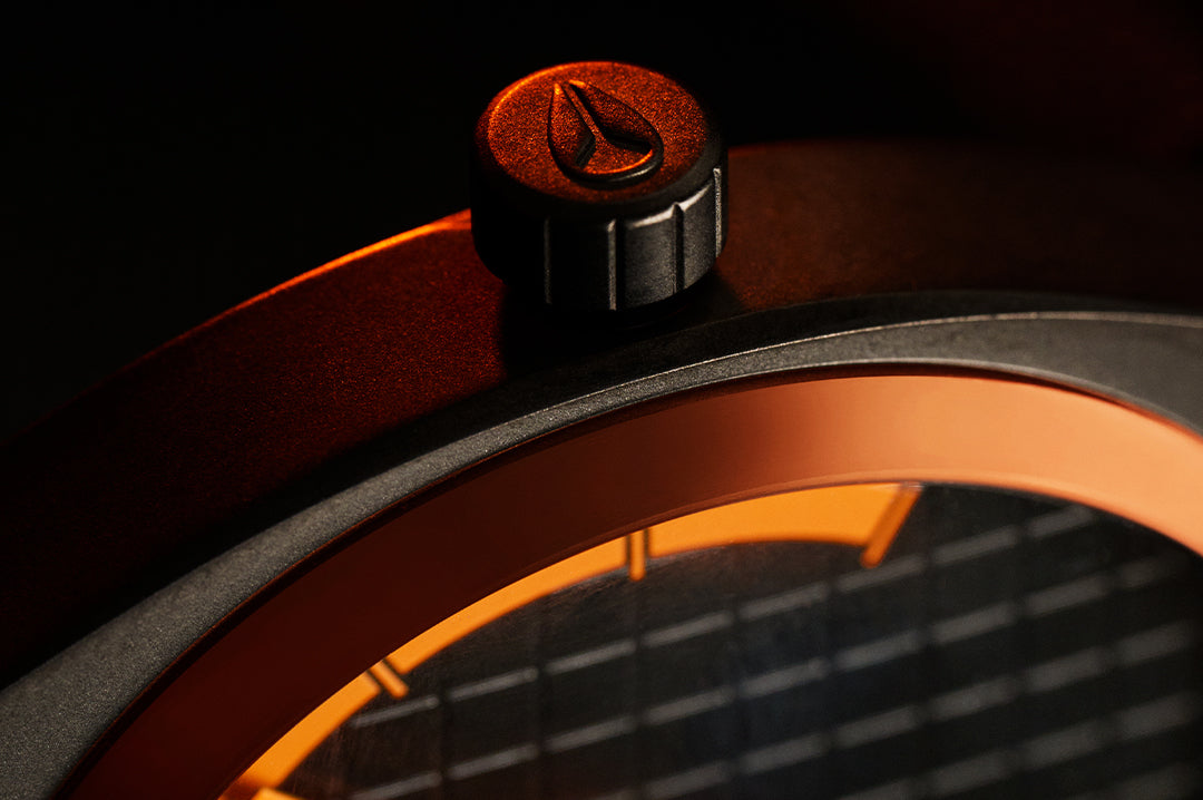 Close-up of the Heat Wave Visual x Nixon Time Teller Watch. 