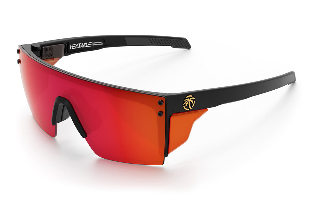 Heat Wave Visual Performance Lazer SLIM Sunglasses with black frame, firestorm lens and matching side shields. 
