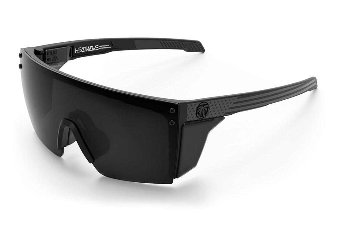 Heat Wave Visual Performance Lazer Face Sunglasses with black frame, socom print arms, black lens and matching side shields.