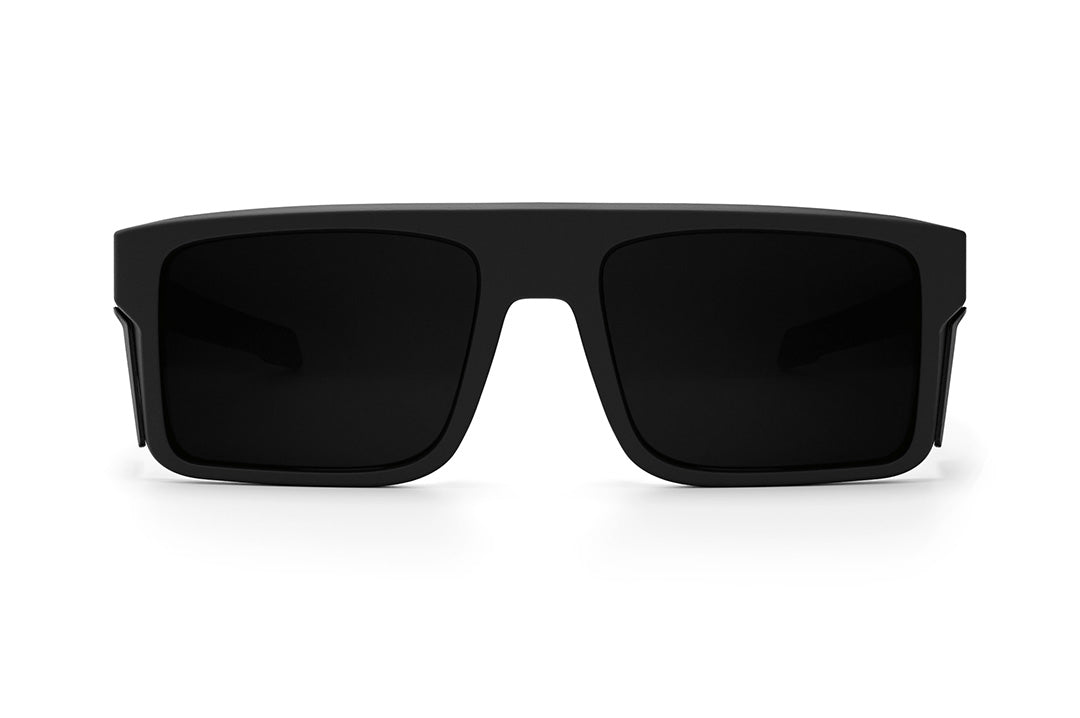 Front view of the Heat Wave Visual Performance Rayth Sunglasses with black frame, ultra black lenses and matching side shields.