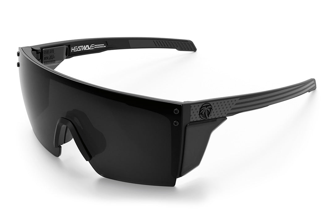 Heat Wave Visual Performance XL Lazer Face Sunglasses with black frame, socom print arms, black lens and matching side shields.
