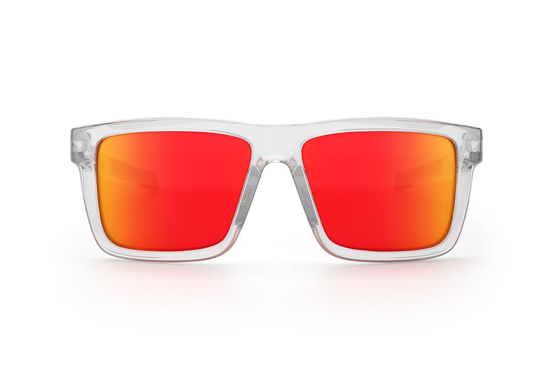 Front view of the Heat Wave Visual Performance XL Vise Sunglasses with clear frame, sunblast red orange lenses and matching side shields. 