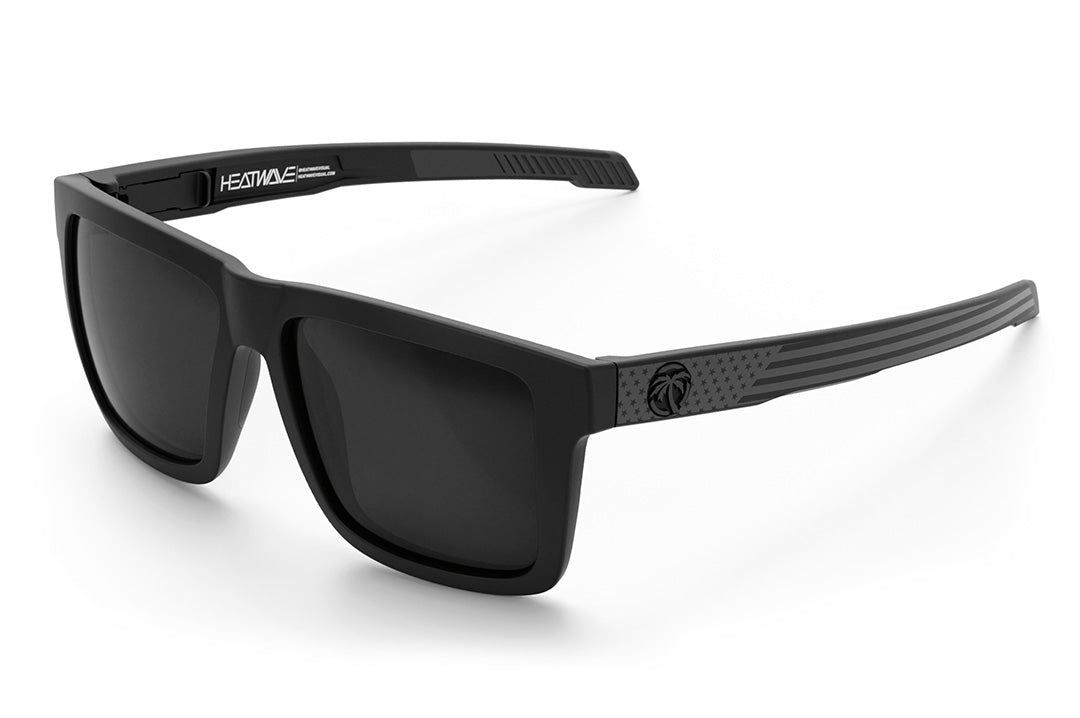 Heat Wave Visual Performance XL Vise Sunglasses with black frame, socom print arms and black lenses.