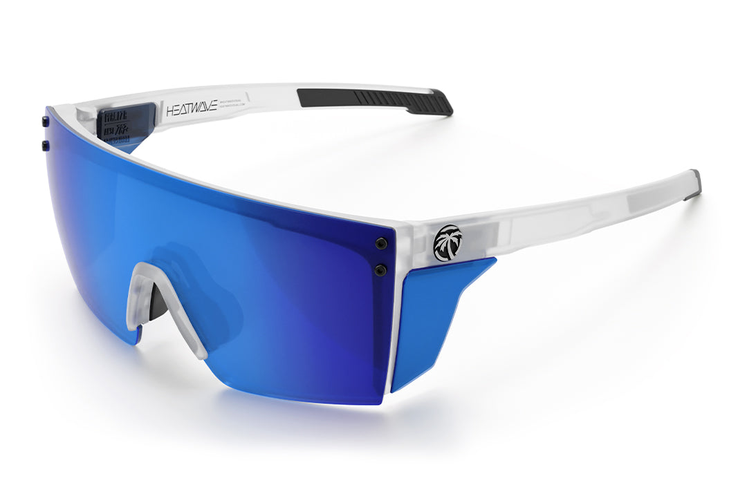 The Performance Lazer Face Sunglasses: Vapor Frost Frame Coastal Lens Z87+ with blue side shields on a white background.