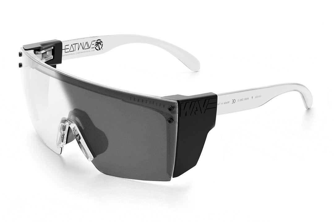 Heat Wave Visual Lazer Face Sunglasses with clear frame, photochromic lens and black side shields.