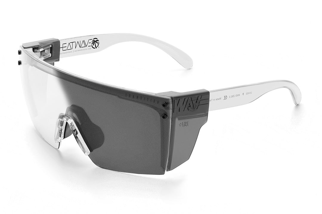 Heat Wave Visual Lazer Face Sunglasses with clear frame, photochromic lens and smoke side shields.
