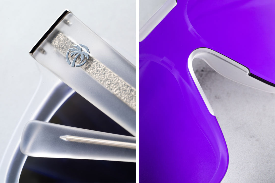 Close up of Heat Wave Clarity with Vapor Frost Frame and Purple Lenses