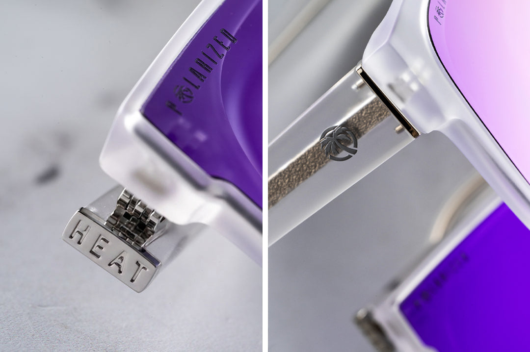 Close up of Heat Wave Marylin with Vapor Frost Frame and Purple Lenses