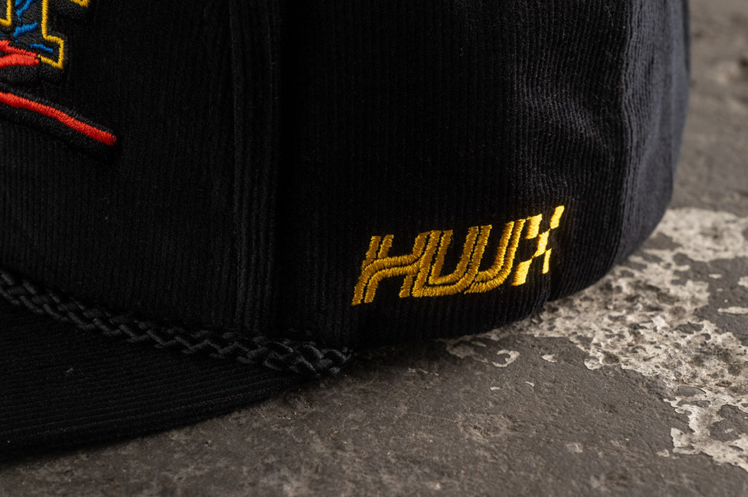 Close up of the stitching on the Heat Wave Visual Black Magic Black Cord Hat.