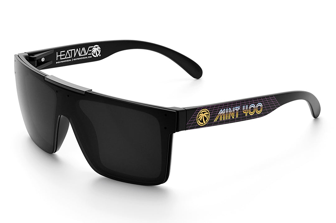 Heat Wave Visual Quatro Sunglasses with black frame, mint 400 print arms and black lenses.