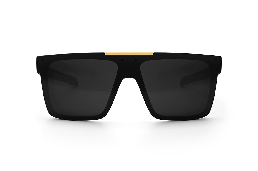 Front view of the Heat Wave Visual Performance Quatro Sunglasses with black frame and black lens. 