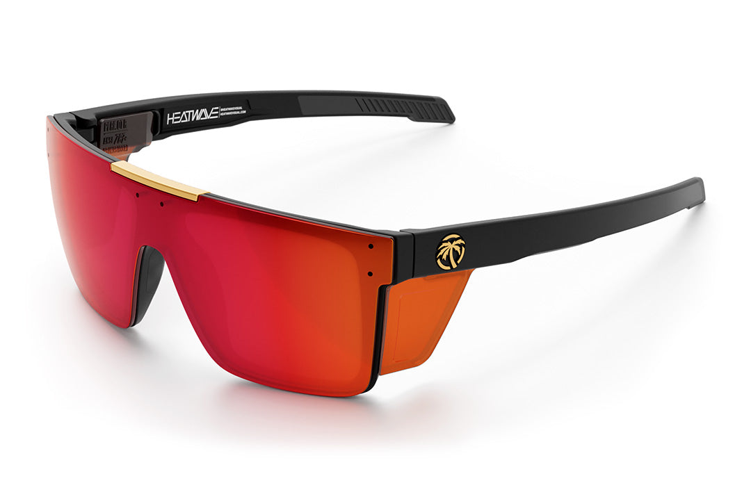 Heat Wave Visual Performance Quatro Sunglasses with black frame, red/orange lens and matching colored side shields. 
