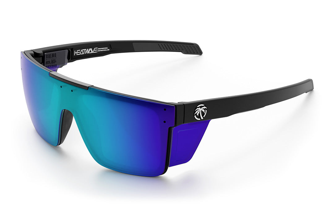 Heat Wave Visual Performance Quatro Sunglasses with black frame, galaxy blue lens and matching colored side shields. 