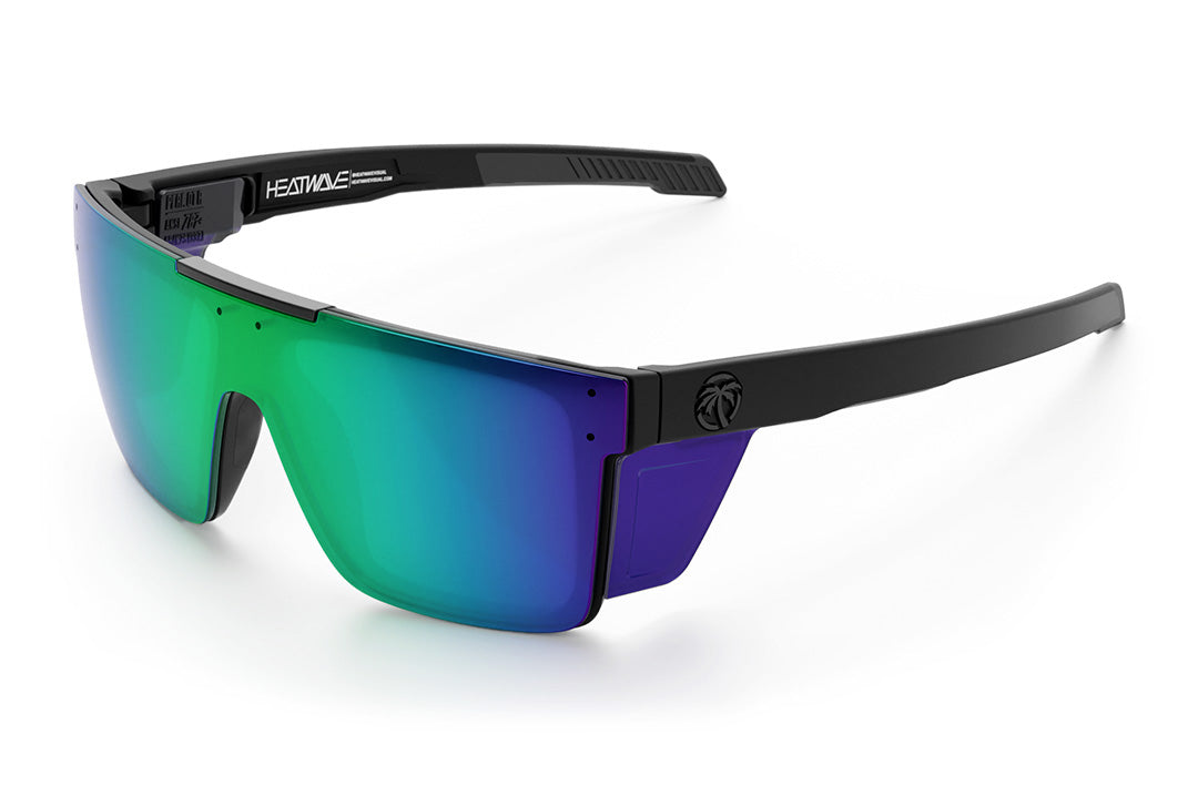 Heat Wave Visual Performance Quatro Sunglasses with black frame, piff green blue lens and matching colored side shields.