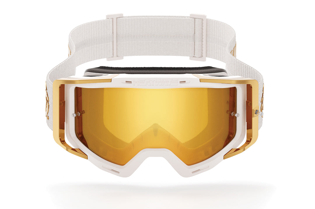 Front view of The MXG-250 Moto Goggle - Colby Raha 2.0 with gold lens on a white background.