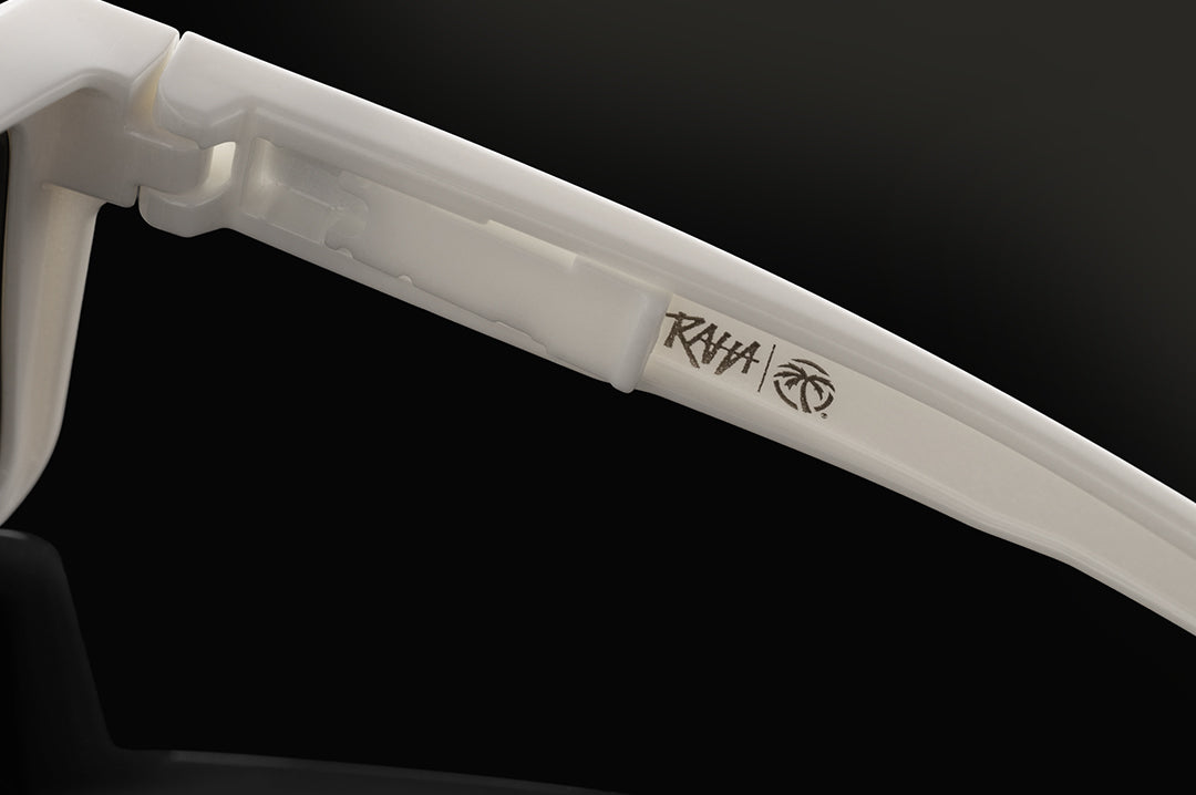 Close-up shot of the eyewear arm of The Performance Rayth Sunglasses: Colby Raha 2.0 on a black background