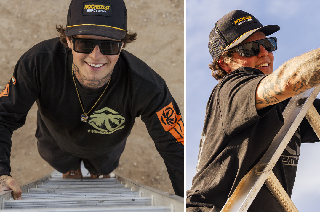 Colby Raha rocking the Heat Wave Visual Performance Rayth Sunglasses with black frame, black lenses and matching side shields. 