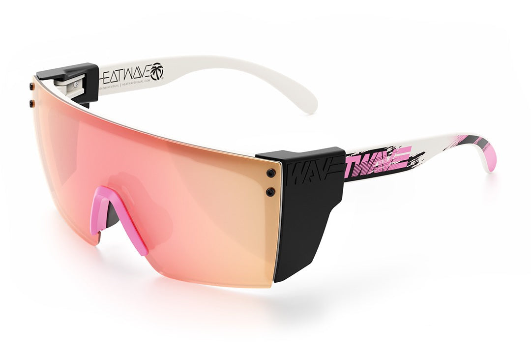 Heat Wave Visual Lazer face Z87 Sunglasses with white frame, reactive print arms, rose gold lens and black side shields.