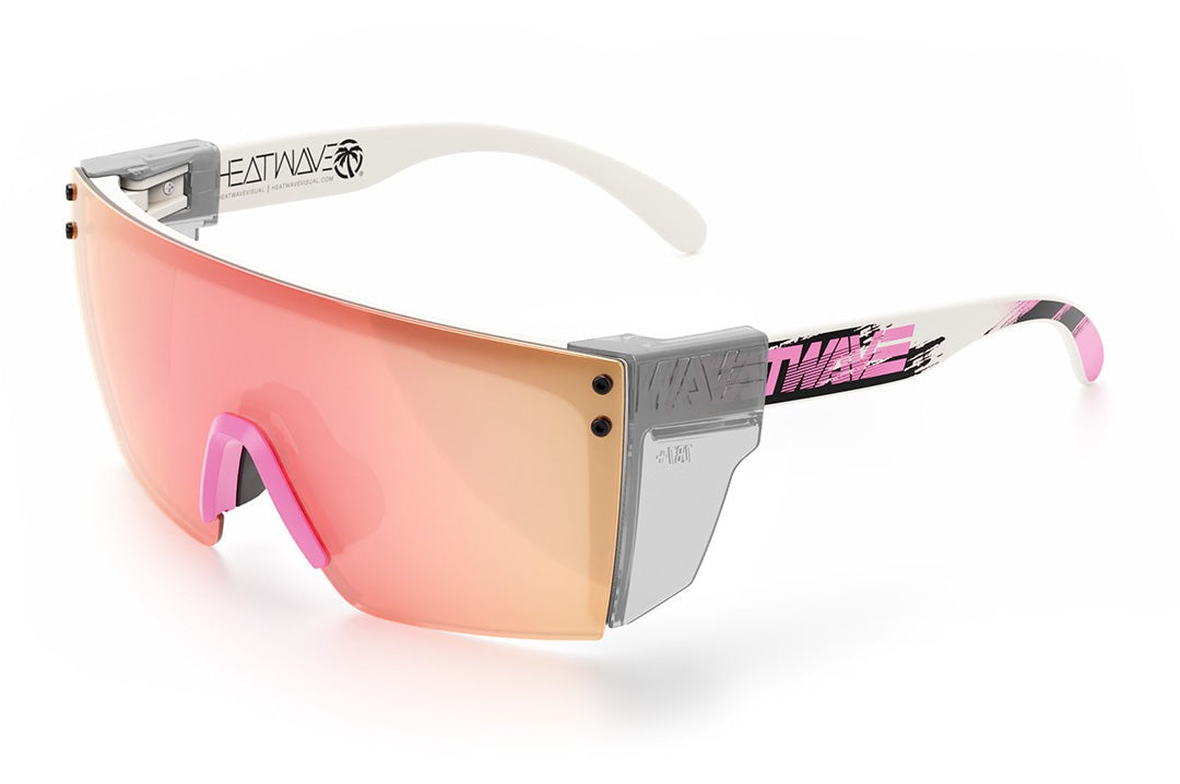 Heat Wave Visual Lazer face Z87 Sunglasses with white frame, reactive print arms, rose gold lens and clear side shields.