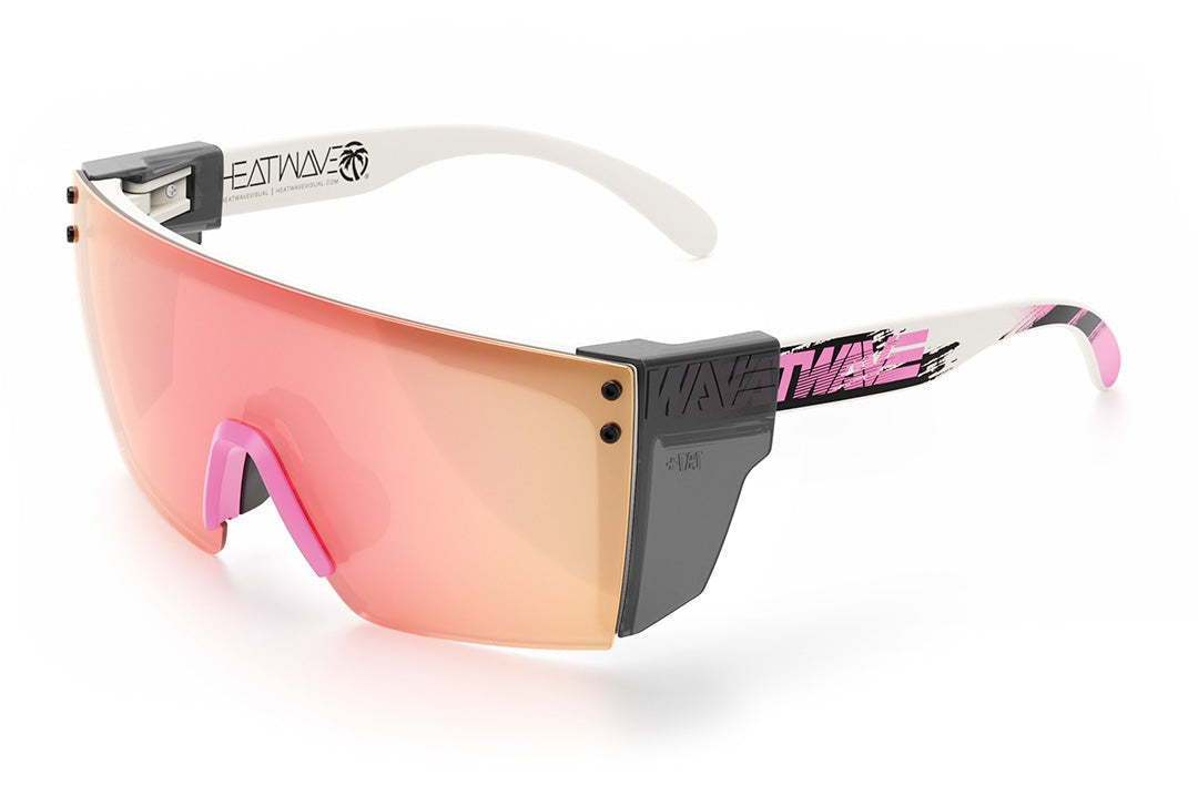 Heat Wave Visual Lazer face Z87 Sunglasses with white frame, reactive print arms, rose gold lens and smoke side shields.