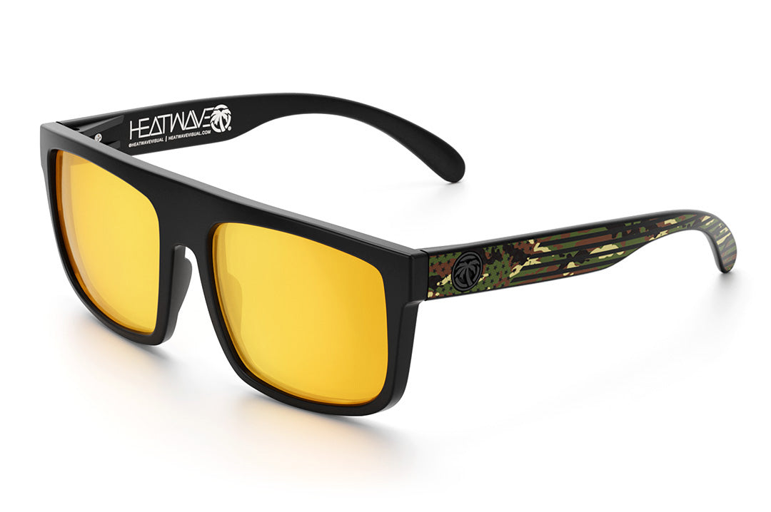 Heat Wave Visual Regulator Sunglasses with black frame, camocom arms and gold lenses.