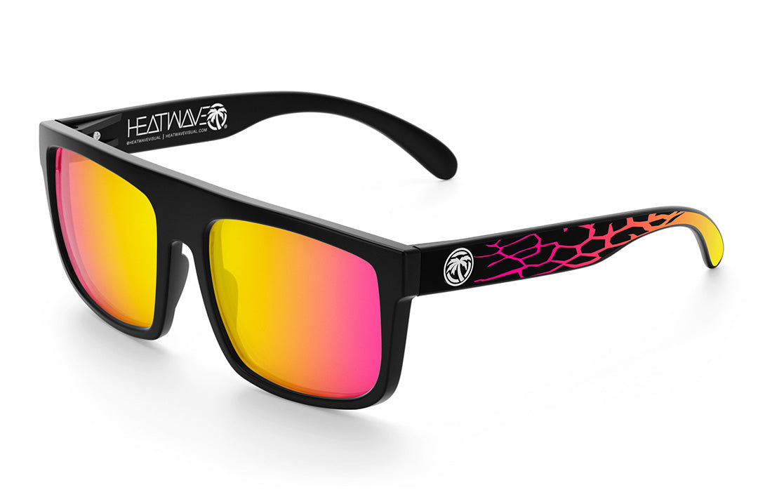 Heat Wave Visual Regulator Sunglasses with black frame, core print arms and tropic yellow pink lenses.