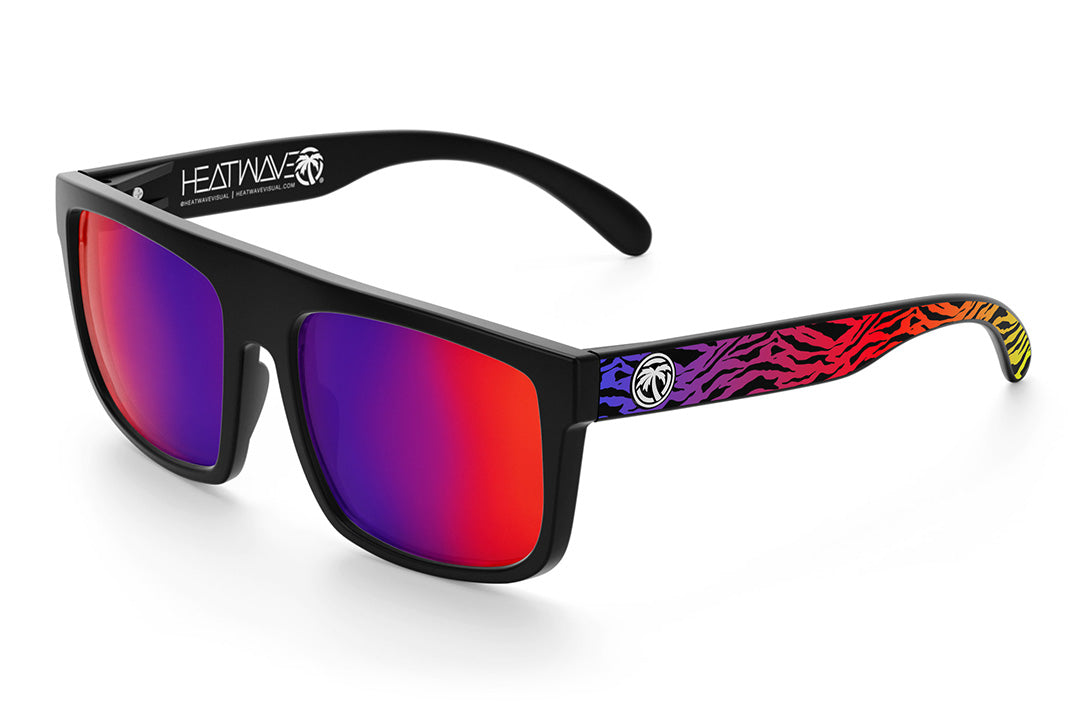 Heat Wave Visual Regulator Sunglasses with black frame, neo safari print arms and atmosphere blue red lenses.