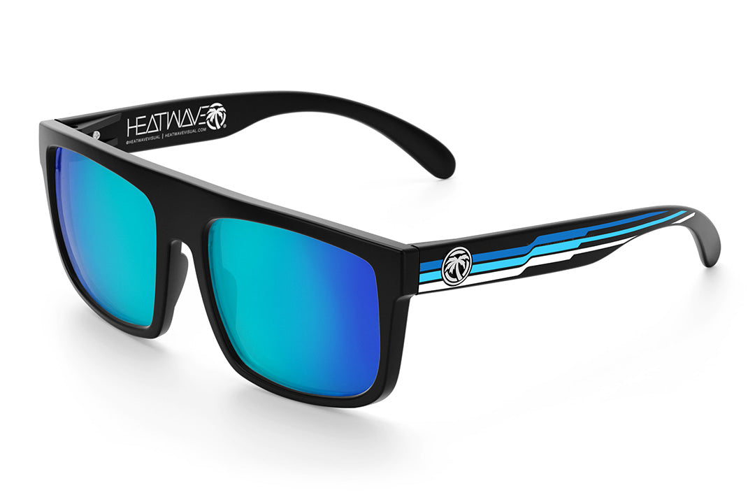 Heat Wave Visual Regulator Sunglasses with black frame, side stripe blue print arms and galaxy blue lenses.