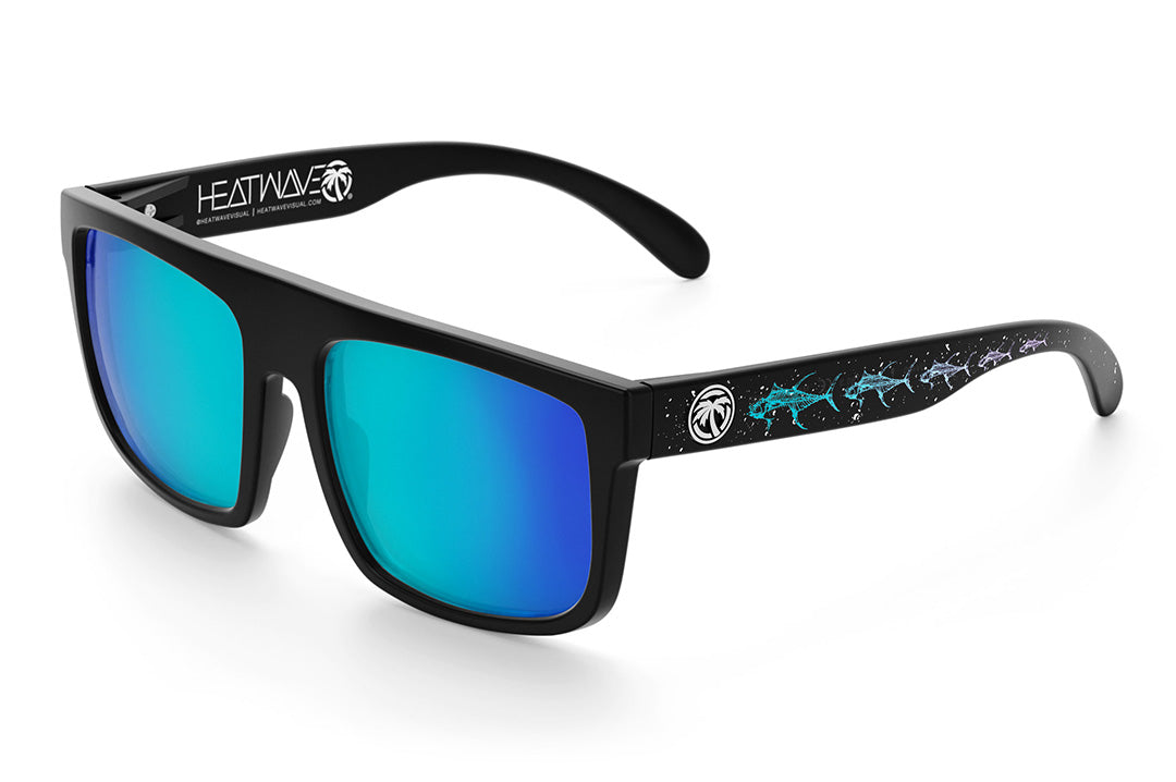 Heat Wave Visual Regulator Sunglasses with black frame, tuna bones print arms and galaxy blue lenses.