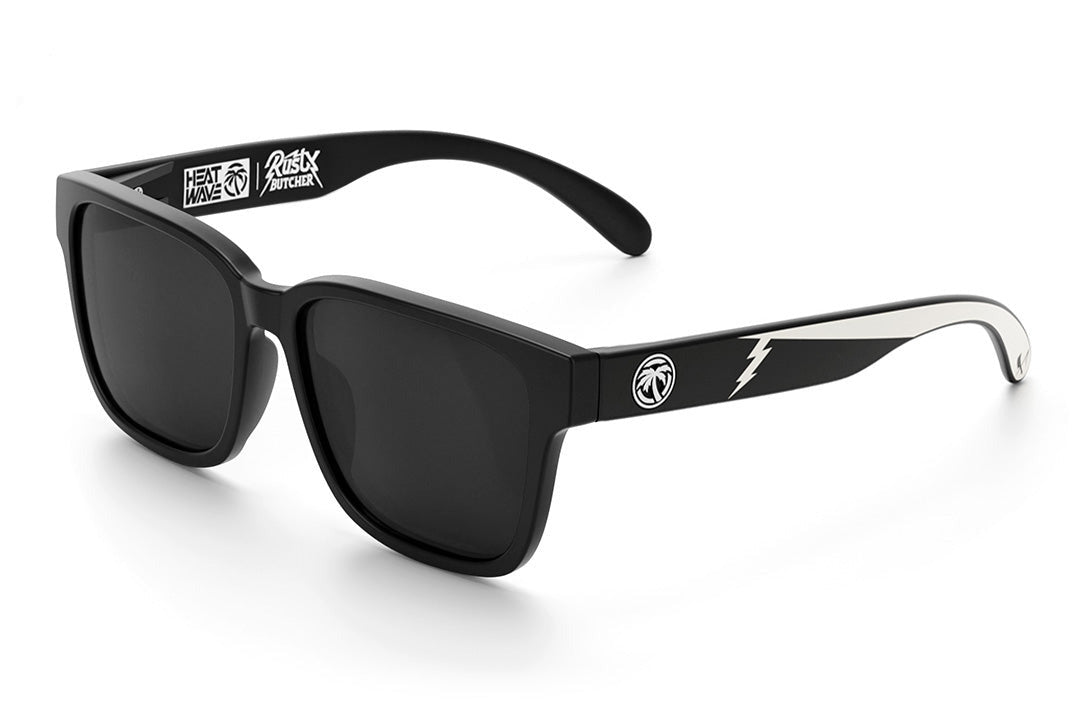 Heat Wave Visual Apollo Sunglasses with black frame, rusty butcher arms and black lenses.