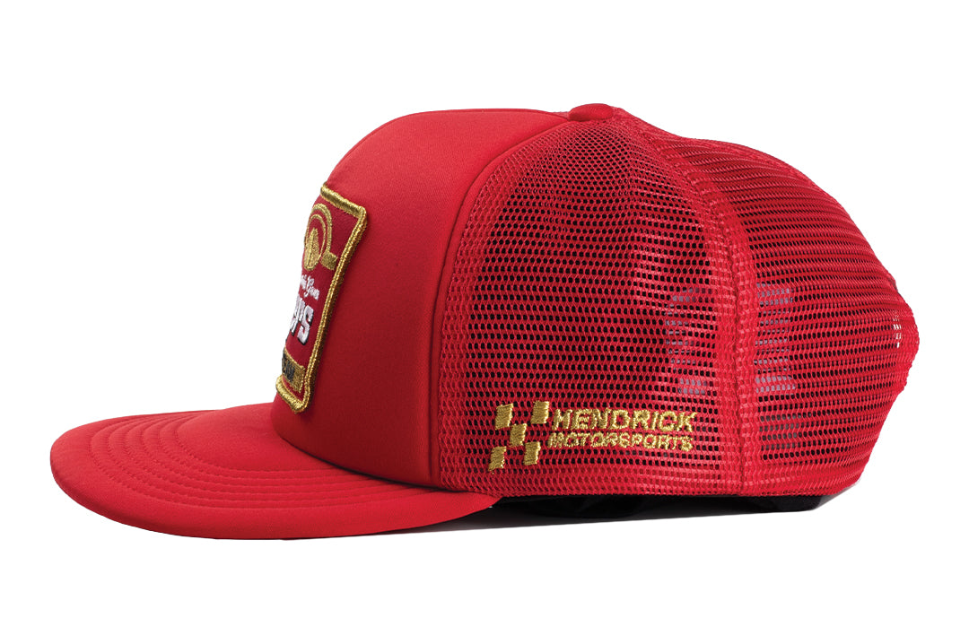 Side angle shot of the HWV Trucker Hat: Hendrick Motorsports | Tim Richmond 25 Folgers on a white background