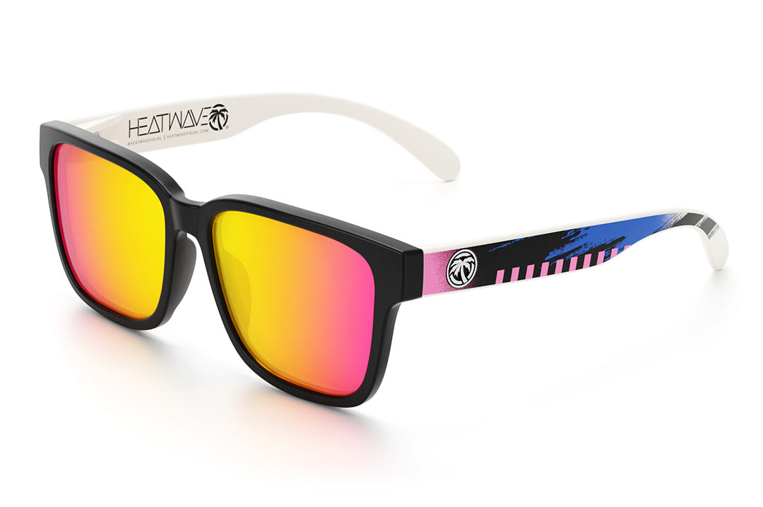 Heat Wave Visual Apollo Sunglasses with black frame, pink blue white print arms and tropic pink yellow lens.
