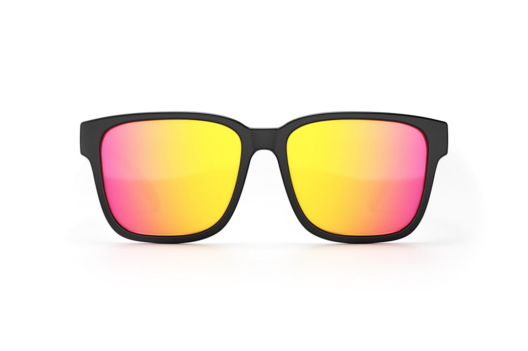 Front of Heat Wave Visual Apollo Sunglasses with black frame, pink blue white print arms and tropic pink yellow lens.