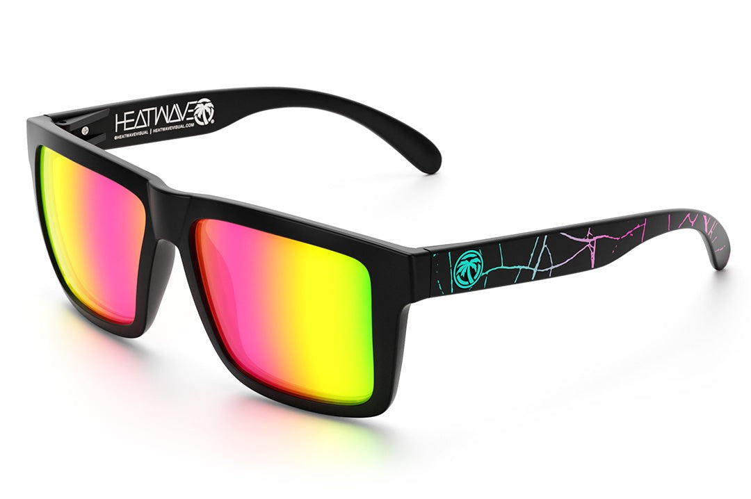 Heat Wave Visual XL Vise Sunglasses with black frame, shreddy print arms and spectrum pink yellow lenses.