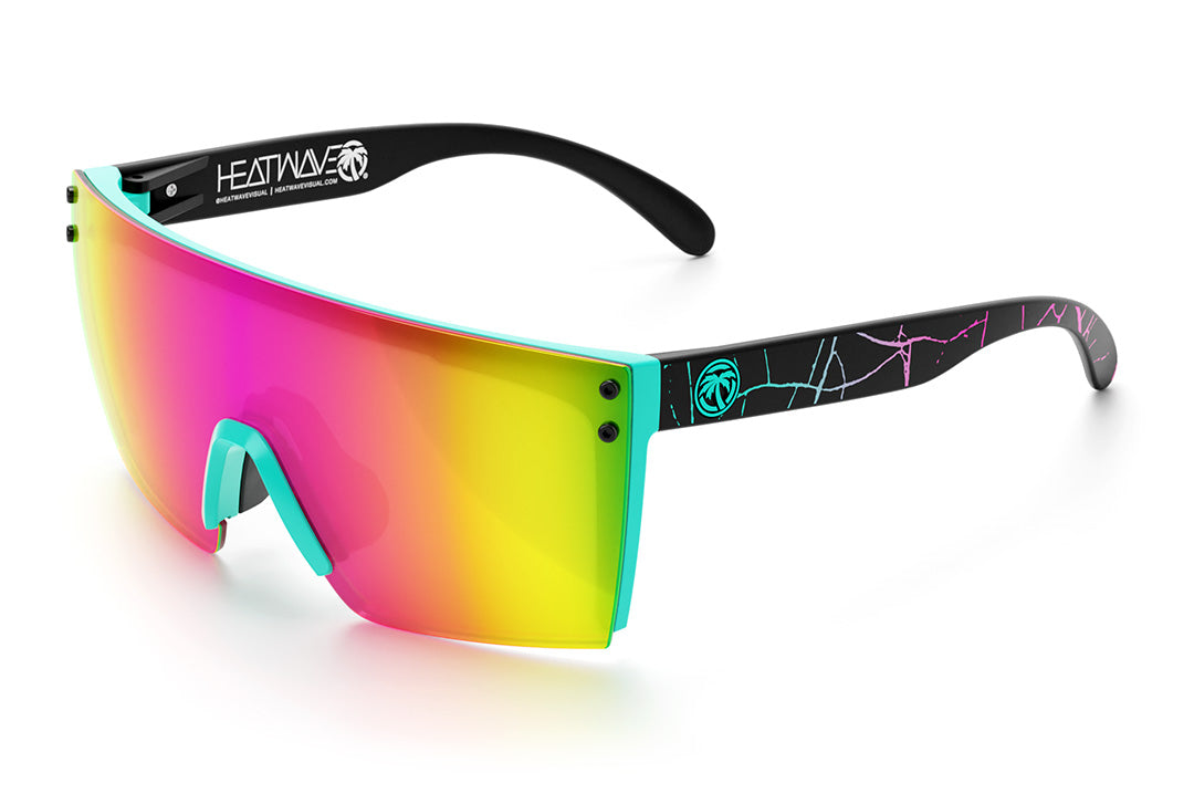 Heat Wave Visual Lazer Face Sunglasses with aqua frame, shreddy print arms and spectrum pink yellow lens.