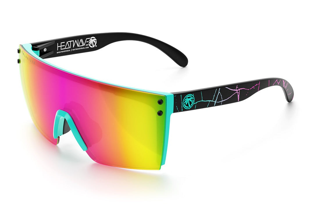 Heat Wave Visual Lazer Face Sunglasses with aqua frame, shreddy print arms and polarized spectrum pink yellow lens.