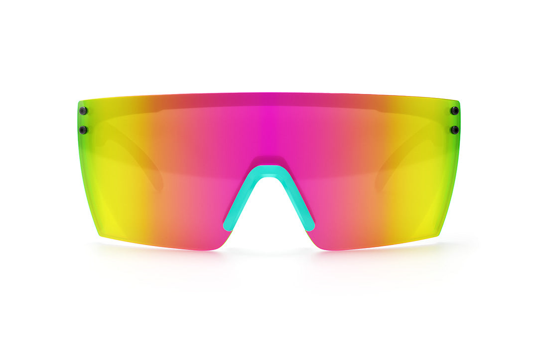 Front view of Heat Wave Visual Lazer Face Sunglasses with aqua frame, shreddy print arms and spectrum pink yellow lens.
