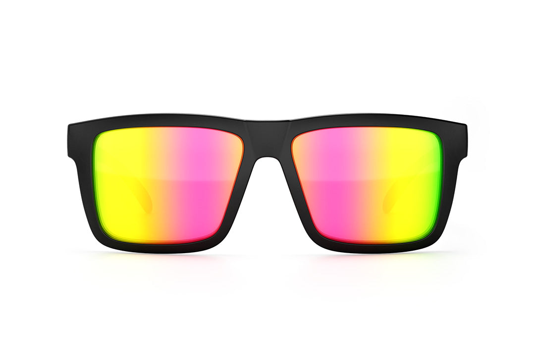 Front view of Heat Wave Visual XL Vise Sunglasses with black frame, shreddy print arms and spectrum pink yellow lenses.