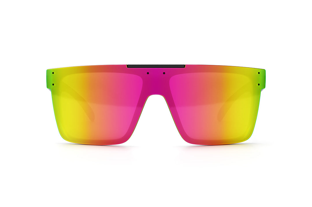 Front of Heat Wave Visual Quatro Sunglasses with black frame, Shreddy crack print arms and spectrum pink yellow lens.