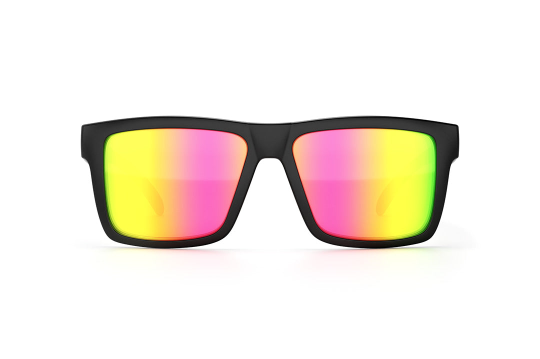 Front view of Heat Wave Visual Vise Sunglasses with black frame, shreddy print arms and spectrum pink yellow lenses. 