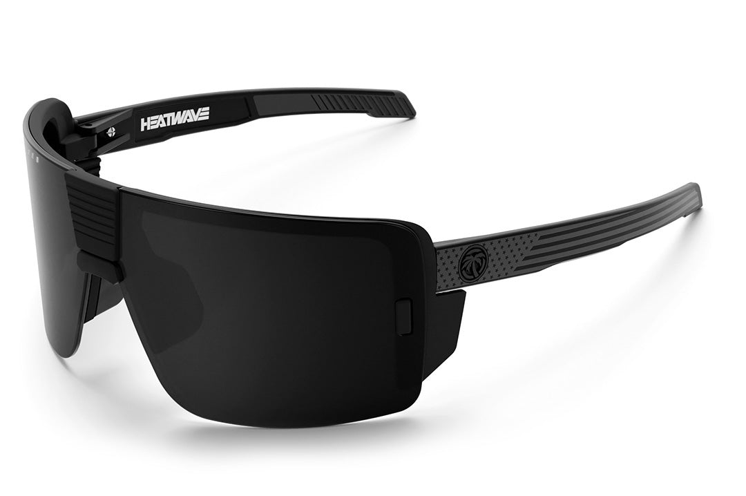Heat Wave Visual Vector Sunglasses with black frame, socom arms and black polarized lens.
