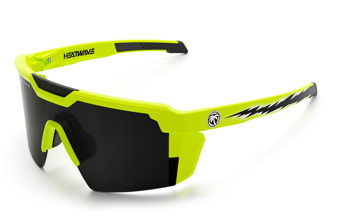 Heat Wave Visual Future Tech Sunglasses with hi vis yellow frame with black bolt print and polarized black lens.