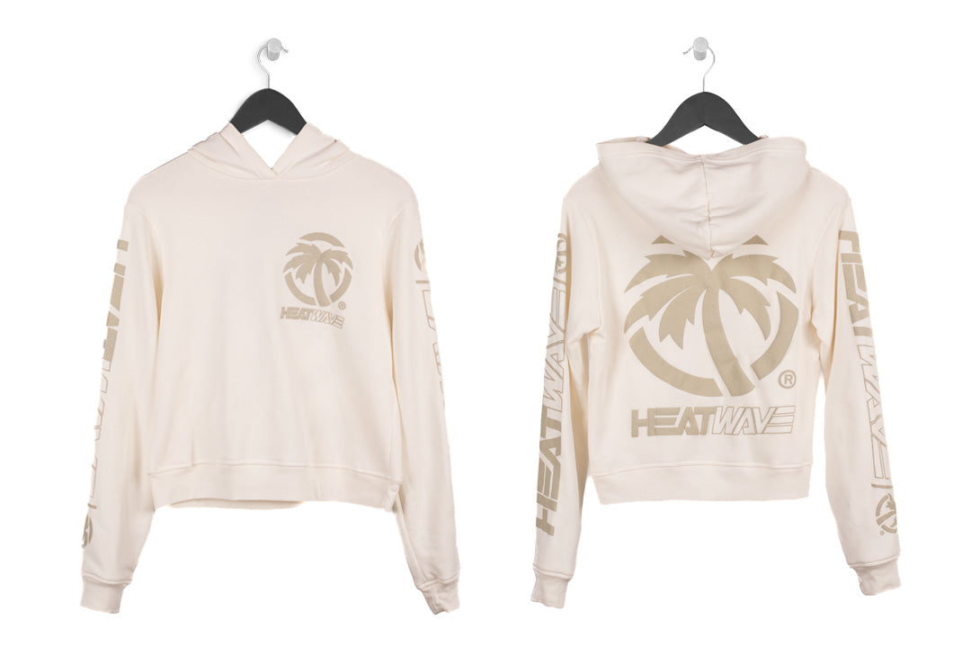 Heat Wave Visual Ladies Split Billboard Sweatshirt in white. 