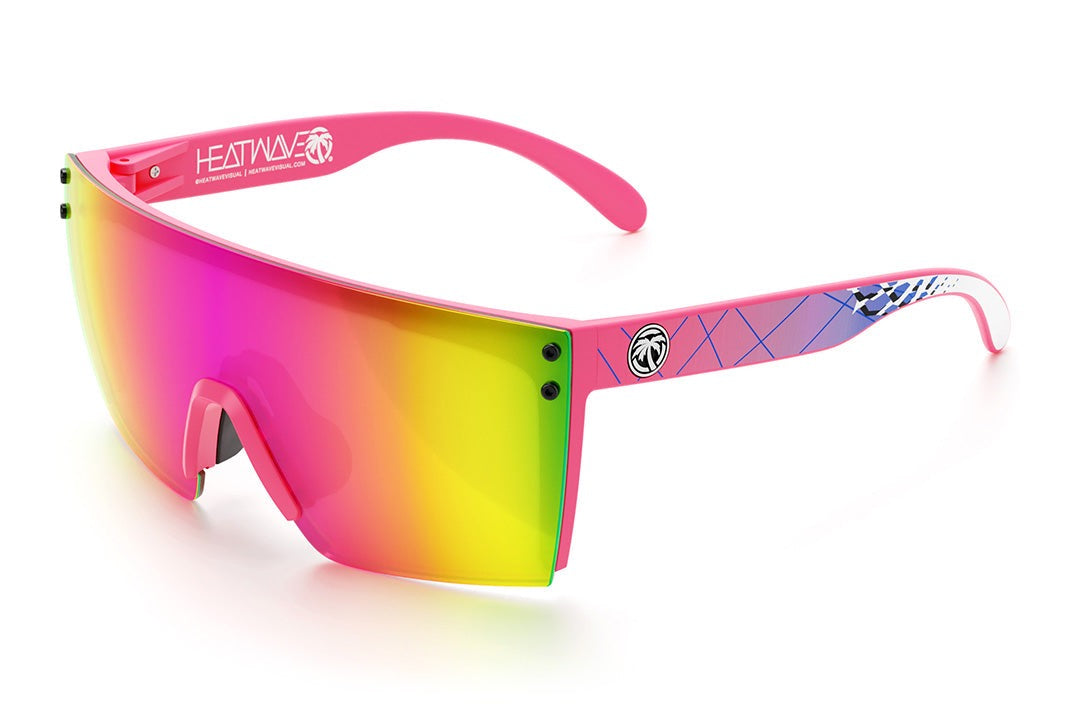 Heat Wave Visual Lazer Face Z87 Sunglasses with pink frame, standup print arms and spectrum pink yellow lens.