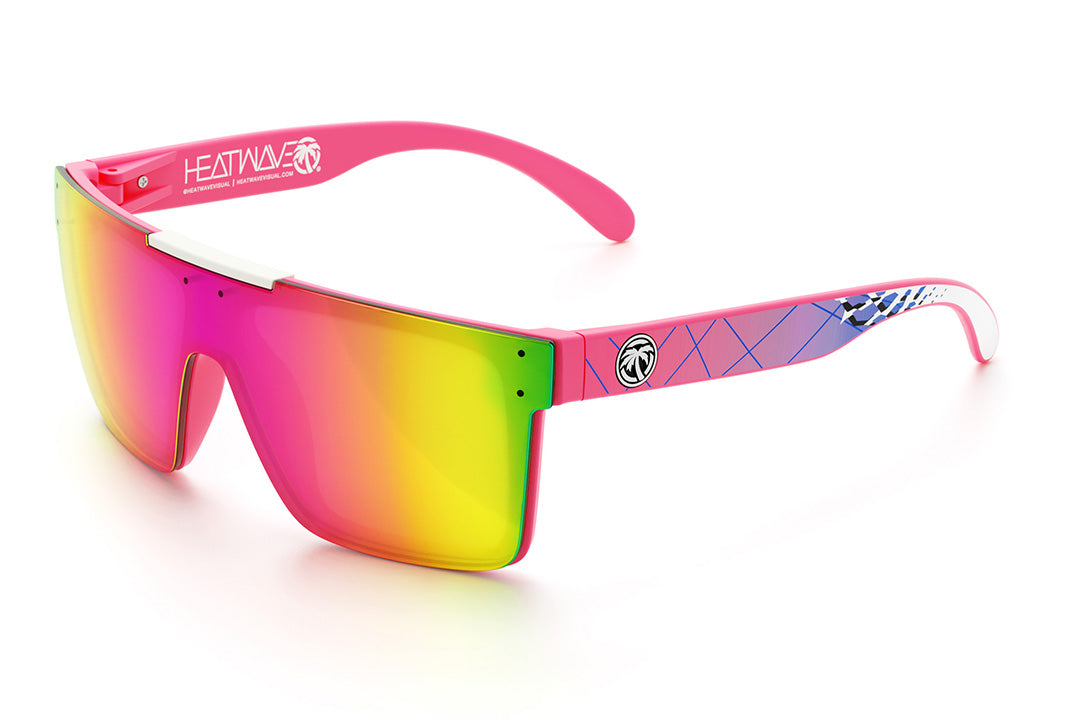 Heat Wave Visual Quatro Sunglasses with pink frame, standup print arms and spectrum pink yellow lens.