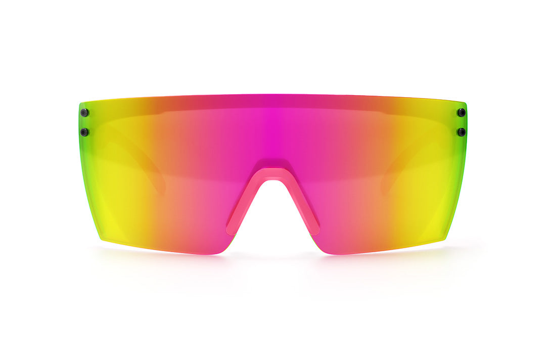 Front of Heat Wave Visual Lazer Face Z87 Sunglasses with pink frame, standup print arms and spectrum pink yellow lens.