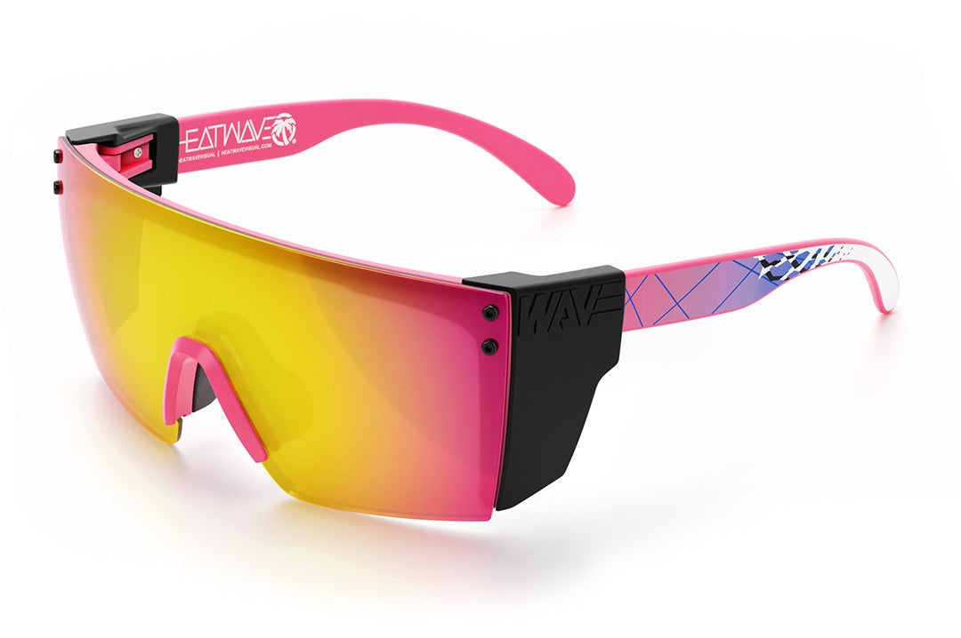 Heat Wave Visual Lazer Face Z87 Sunglasses with pink frame, standup print arms, spectrum pink yellow lens and black side shields.
